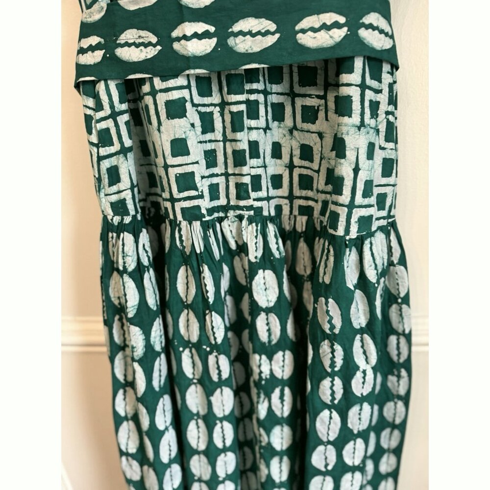 Zanaani Toyin Geometric Print Maxi Dress Sz Large Teal Green Mock Neck Pockets - Picture 10 of 14